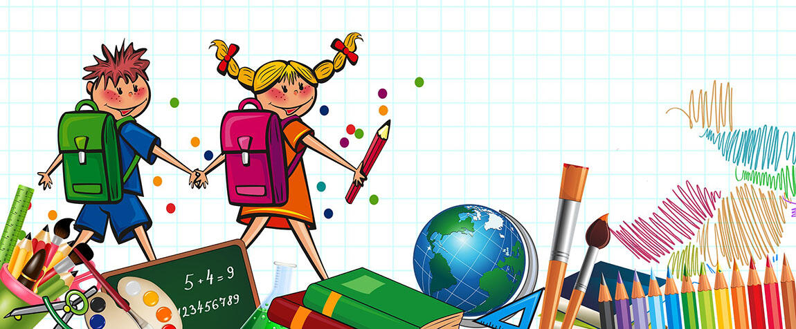 Cartoon children walking with school supplies in the foreground